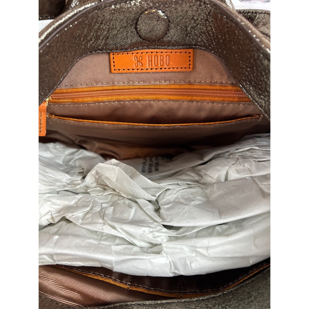 Hobo Brown Leather Metallic‎ Ring Handle Shoulder Bag Purse - Picture 9 of 12